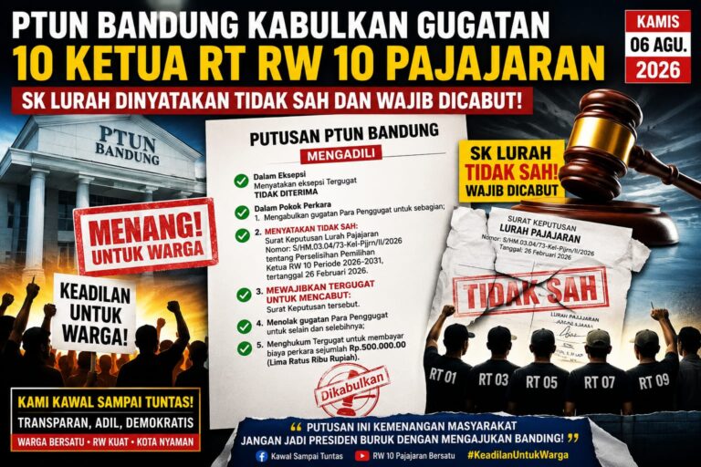 PTUN Bandung Kabulkan Gugatan Sengketa Pemilihan RT RW 10 Daerah Pajajaran, SK Lurah Dinyatakan Tidak Sah dan Wajib Dicabut